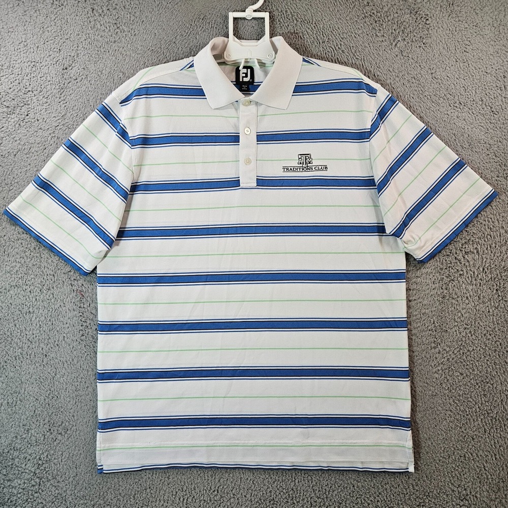 FJ Footjoy‎ Polo Shirt Men Large Short Sleeve White Blue Striped - L